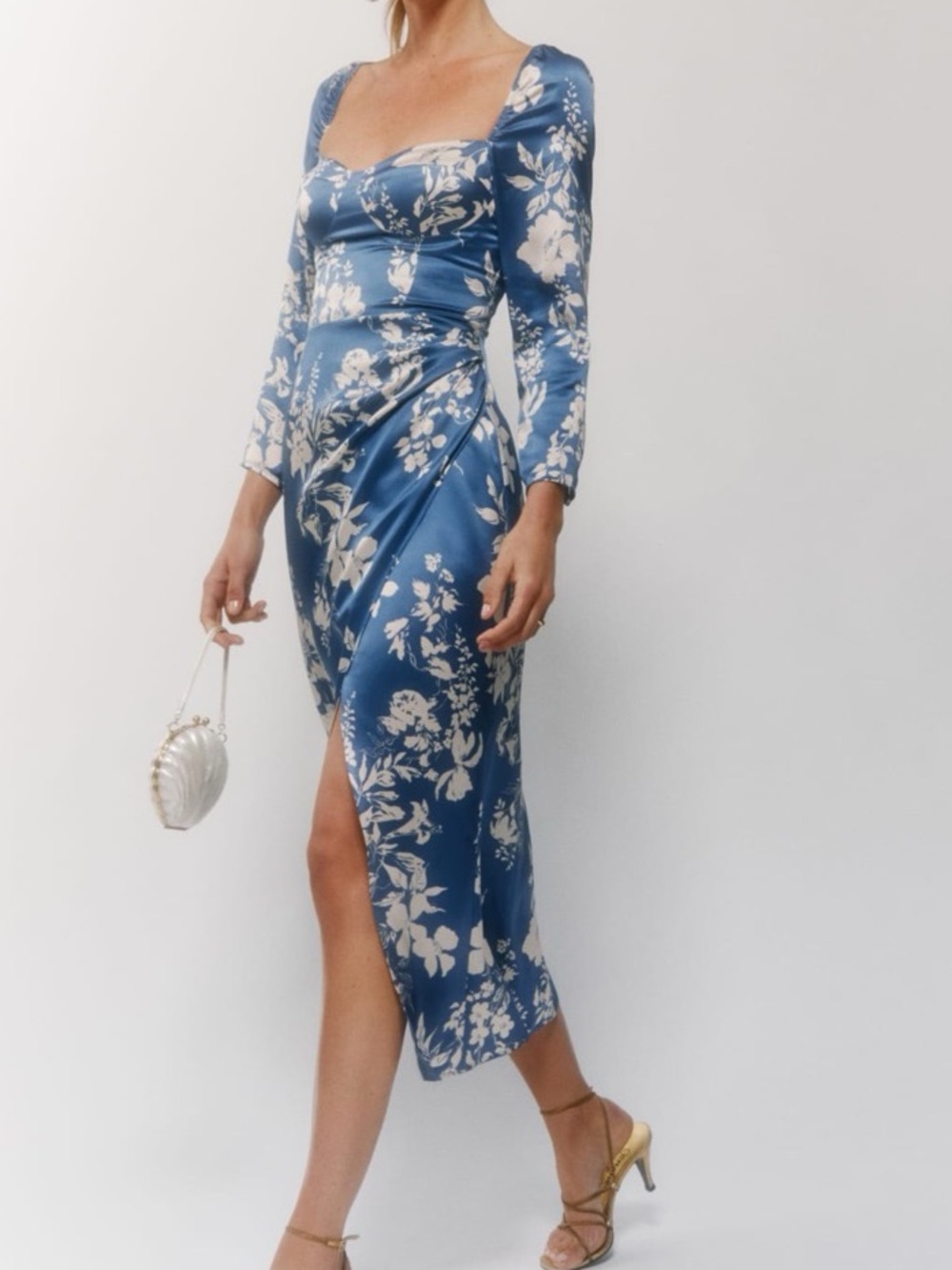 Reformation Teal Floral Long-Sleeve Midi Dress
